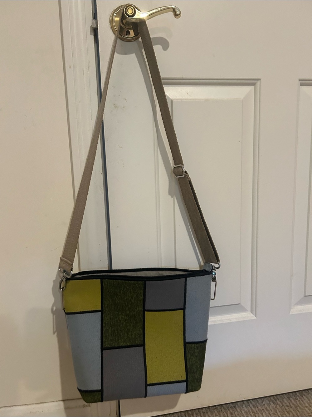 Color-Block Crossbody Bag in Gray, Green & Yellow with Beige Strap